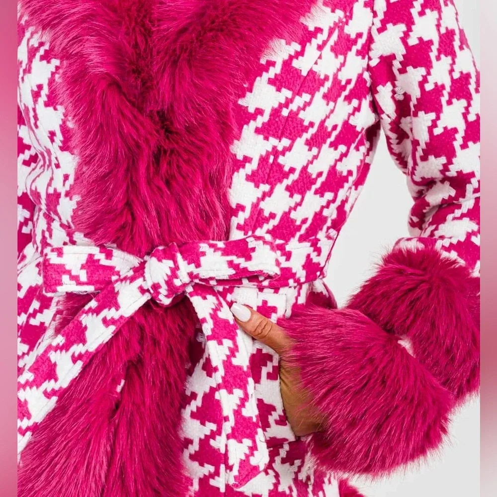 Pink Faux Fur Trim Houndstooth Women's Coat - Picture 2 of 12